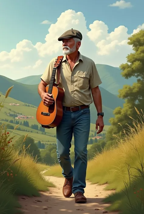 White man in his 60s with gray hair, not so long beard and a beret, with buttoned shirt, medium complexion walking with his Creole guitar, in the countryside