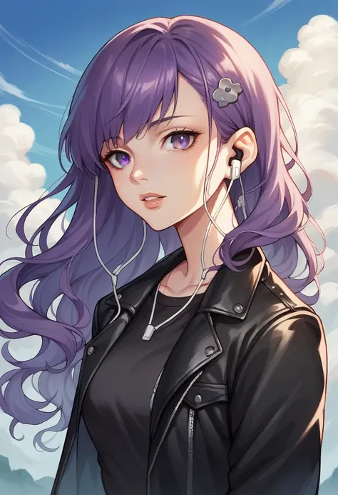 1girl, bangs, black jacket, black shirt, cloud, cloudy sky, day, earbuds, earphones, grey eyes, hair ornament, jacket, leather, leather jacket, lips, long hair, looking at viewer, nose, open clothes, open jacket, outdoors, parted lips, purple hair, shirt, ...