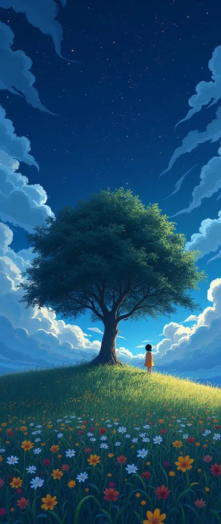 masterpiece!!!! 8k GHIBLI ANIME STYLE!!!!! The image shows a serene night scene of a Field of Flowers!!!!                       on the Hill, big tree,  majestic clouds billowing blue golden lighting anime 8k l fireflies grass night golden leaves stylo anim...