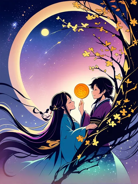 Romantic ancient style，night，Backlight，(Mid-Autumn Festival:1.5)，An elegant couple in ancient China，Dressed in gorgeous Hanfu，Purple floats like clouds in the moonlight，Sitting on a laurel tree full of stars，Smiling and holding hands，Starry Sky，Macro lens，...