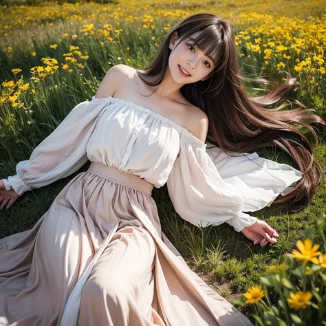 Long skirt,In a wild flower field，Wear a dress，rotate，1 female, On the face, laughing out loud, Light brown hair, Blunt bangs, Hair behind the ear, Shoulder-length hair, Long Hair, Delicate lips, Beautiful Eyes, eyes are light brown,Have a look at this, (A...