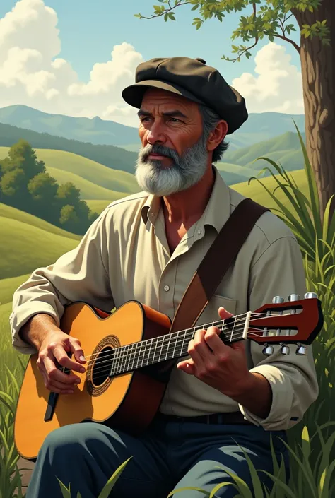 White man in his 60s with gray hair, not so long beard and a beret, with buttoned shirt, medium complexion walking playing his Creole guitar, in the countryside