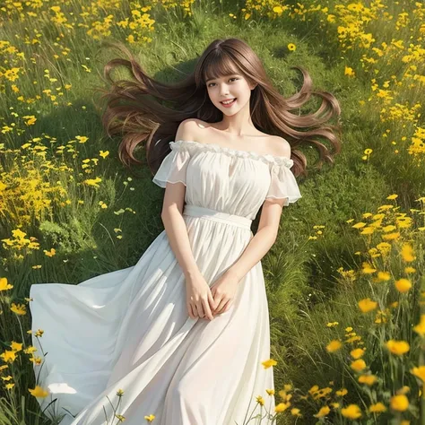 long skirt,in a wild flower field，wear a dress，rotate，1 female, on the face, laughing out loud, light brown hair, blunt bangs, h...