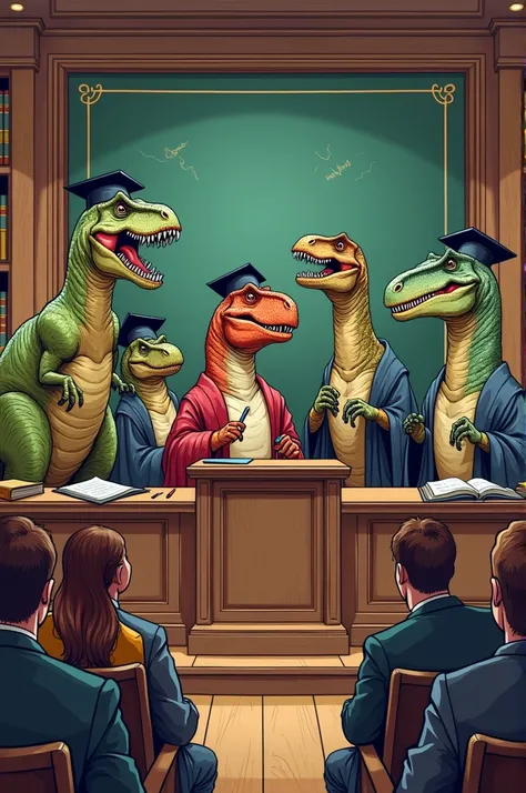 Create a comic about dinosaurs speaking at university 