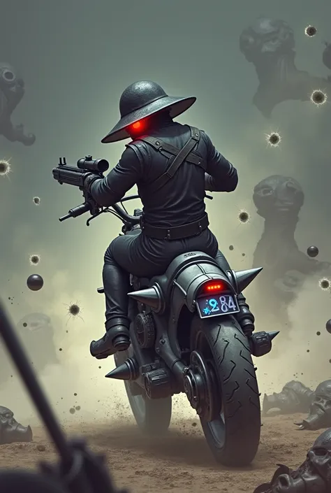 A mechanical gunman on a black, spiky bike（Cyborg）Hat pulled down low　The left eye is red、The right one glows blue　Turning his back, he aims a gun at us　A sea of cyborg corpses around him　Bullet holes on the screen