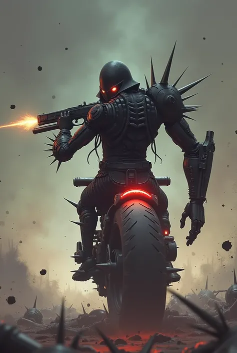 A mechanical gunman on a black, spiky bike（Cyborg）Hat pulled down low　The left eye is red、The right one glows blue　Turning his back, he aims a gun at us　A sea of cyborg corpses around him　Bullet holes on the screen