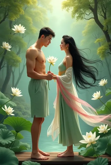 On a bridge in the middle of a beautiful white lotus pond, a handsome, fair-skinned, muscular young man of 3 hands a beautiful white lotus to a beautiful, gentle young woman with long, flowing black hair. She wears a light green Dusit Thai dress and a pink...