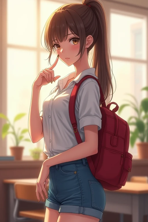 ((best quality)), ((masterpiece)), (detailed), {{loli}},{{{{192cm}}}},{{{{{tall girl}}}}},{{{{{very long legs}}}}}, anime girl, cute girl, school uniform,white snicker,
official style,close mouth,game cg, bare arms, long hair,brown eyes,brown hair,ponytail...