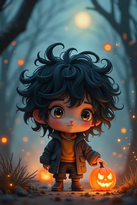  Mini character, droopy eyes, natural curls, Halloween, anime, black hair, purple