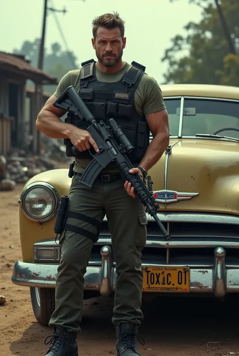 A men standing in near a old vintage car.  Toxic 01 is written on number plate and this should  be clearly visible.The men is wearing a bulletproof vest and he have a m416 gun in his hand . They all are situated in infected area. Photo quality should be hi...