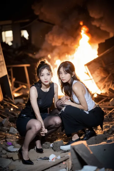 Two women in burning rubble, wounds, blood, explosion, Tokyo, rain, detailed real photo