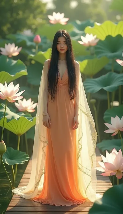 Image of a young woman with long black hair wearing a light orange dress and a cream colored veil decorated with gold sequins, standing facing forward on a wooden walkway in the middle of a lotus pond. White lotuses are in full bloom all around. The atmosp...