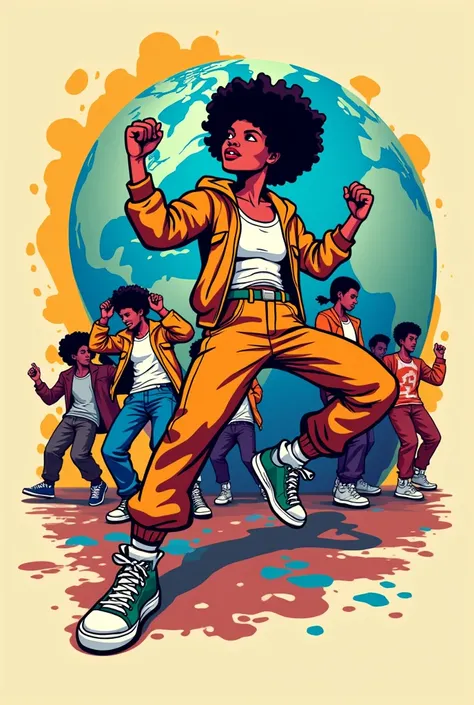 a series of cool dance move for tshirt design. like theres someone whos dancing in different moves like cartoon style theres a globe, theres a people that unity. A person dancing in hiphop style. people helping each other in action of dance