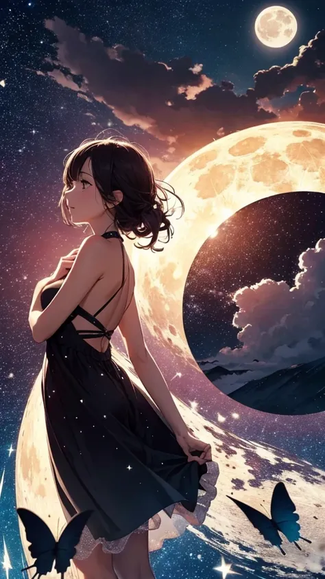 Highest quality,Big moon and shadow,A silhouette of a person can be seen against the backdrop of a large moon.,There is one full moon,There is a mood,Beautiful scenery,Starry Sky Strawberry Moon, 2 butterflies, shooting star, face up