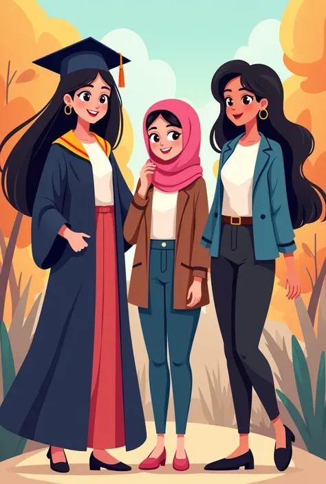 Three women cartoon, 
one on the left wearing a graduation uniform (Blac hair), 
one in the middle wearing a highschool uniform with a pink hijab, 
and one on the right wearing an office worker uniform (Black hair).