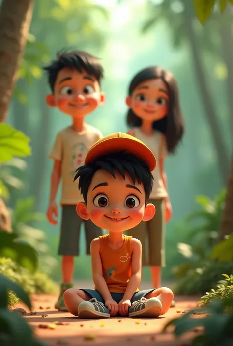 4D Indonesian cartoon with short hair,strong body,using a singlet,hat and sneakers,sit on the floor,in front of the parents standing,indonesian forest background,
Bk Datail Focus