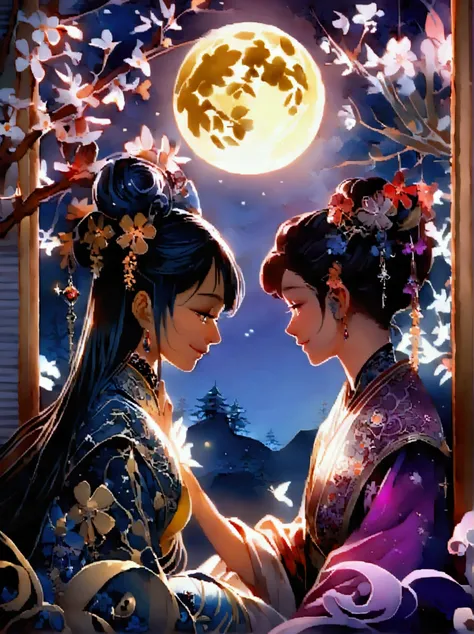 Romantic ancient style，night，Backlight，(Mid-Autumn Festival:1.5)，An elegant couple in ancient China，Dressed in gorgeous Hanfu，Purple floats like clouds in the moonlight，Sitting on a laurel tree full of stars，Smiling and holding hands，Starry Sky，Macro lens，...