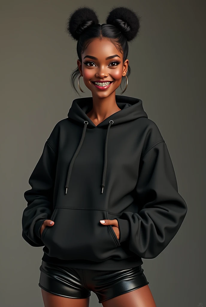 Black woman hair in a bun smiling braces on her teeth wearing black leather short shorts and black hoodie 