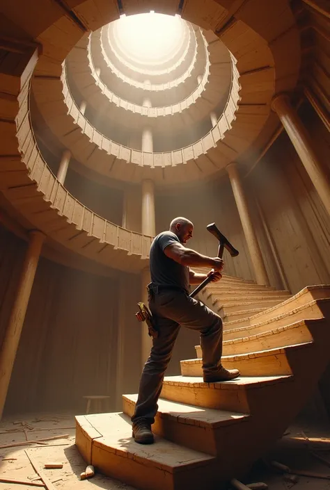 A carpenter with a hammer and pounding with a two 360 degree of staircase 