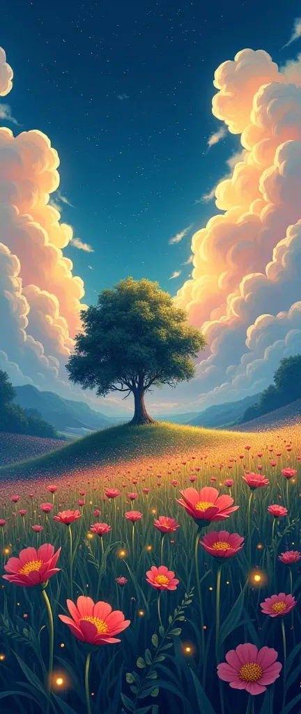 masterpiece!!!! 8k There are huge flowers,    ESTELO ANIME GHIBLI!!!!! The image shows a serene night scene of a Field of Flowers!!!!                       on the Hill, big tree,  majestic clouds billowing blue golden lighting anime 8k l fireflies grass ni...