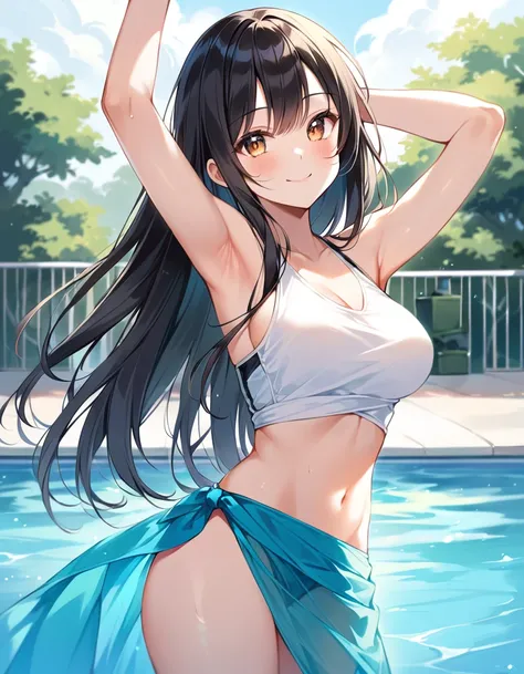 Woman, cute, adorable, smiling, straight hair, long hair, black hair, full breasts, standing, (right arm up behind:1.2), (shows armpit:1.2), (left　arm Lower waist:1.2), Swayback stance, looking at the camera, From the front, from thighs to head, pool, dayl...