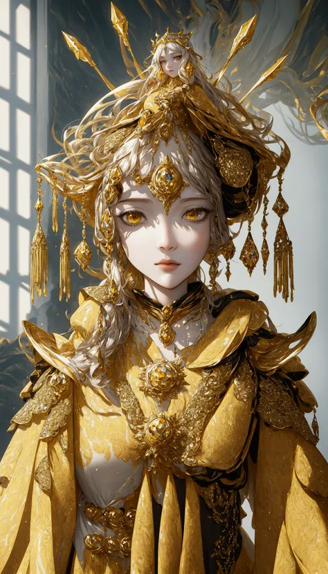 there is a woman in a yellow dress with a gold headpiece, a beautiful fantasy empress, hyperdetailed fantasy character, beautiful full body character, cute girl 