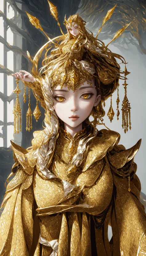 there is a woman in a yellow dress with a gold headpiece, a beautiful fantasy empress, hyperdetailed fantasy character, beautiful full body character, cute girl 