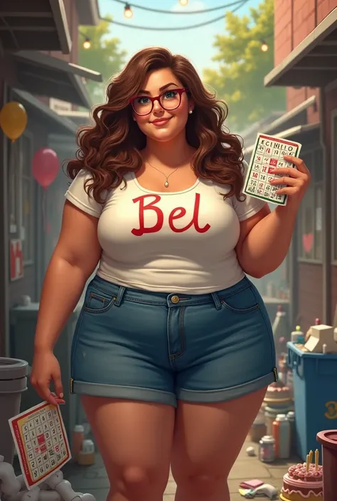 a 32 year old chubby girl long wavey hair wearing t-shirt with name "Bel" and denim short and eyeglasses holding a bingo card in her right hand and a calendar in a garbage, and has a cake in her side because its her birthday 