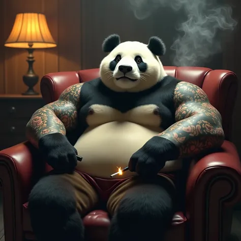 "A detailed and lifelike image of a burly panda with intricate tattoos covering its arms, sitting in a leather armchair, holding a cigarette in one paw. The panda is surrounded by dense smoke, its face glowing with a serene, happy expression as it enjoys i...