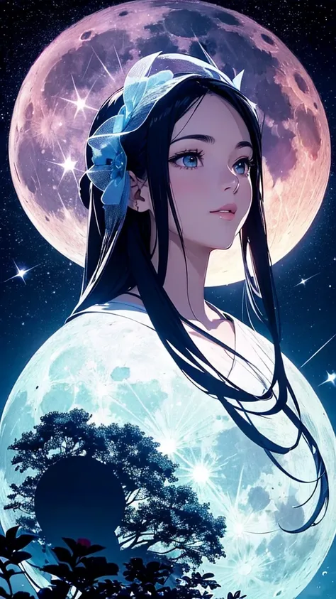 Highest quality,Big moon and shadow,A silhouette of a person can be seen against the backdrop of a large moon.,There is one full moon,There is a mood,Beautiful scenery,Starry Sky Strawberry Moon, 2 butterflies, shooting star, face up