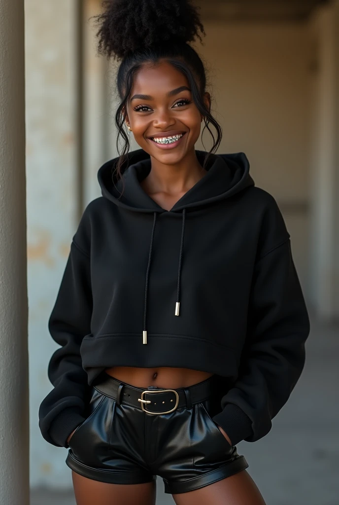 Black woman hair in a bun smiling braces on her teeth wearing black leather short shorts and black hoodie 