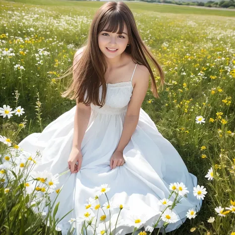 white long skirt,in a wild flower field，wear a dress，get excited,  rotate，1 female, laughing out loud, light brown hair, blunt b...