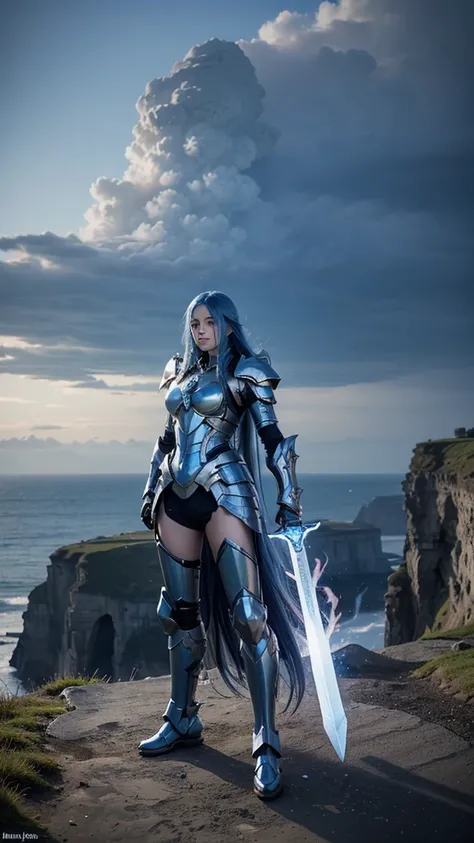 Long blue hair that shines beautifully in the sunlight、Blue mechanical armor with white engravings、Big Sword、On top of cliffs by the sea、Blue Eyes、Entrance clouds in the sky、In the distance, a huge dragon is breathing fire、One person, High resolution, accu...