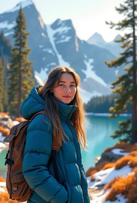 A brown haired girl visiting Canada in a blue coat