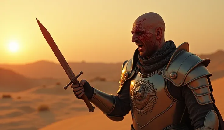 A highly realistic, high-contrast, 8k hd, detailed, hyper-detailed image set in a desert during sunset. The scene features "Tadokoro," a knight with a skinned head, clad in steel armor with a prominent lion emblem on his chest, suffering from intense pain ...