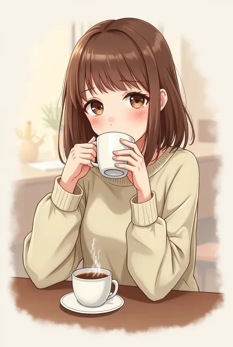 Create a LINE sticker of a brown-haired girl with bangs named Miya who is drinking coffee., full body image.