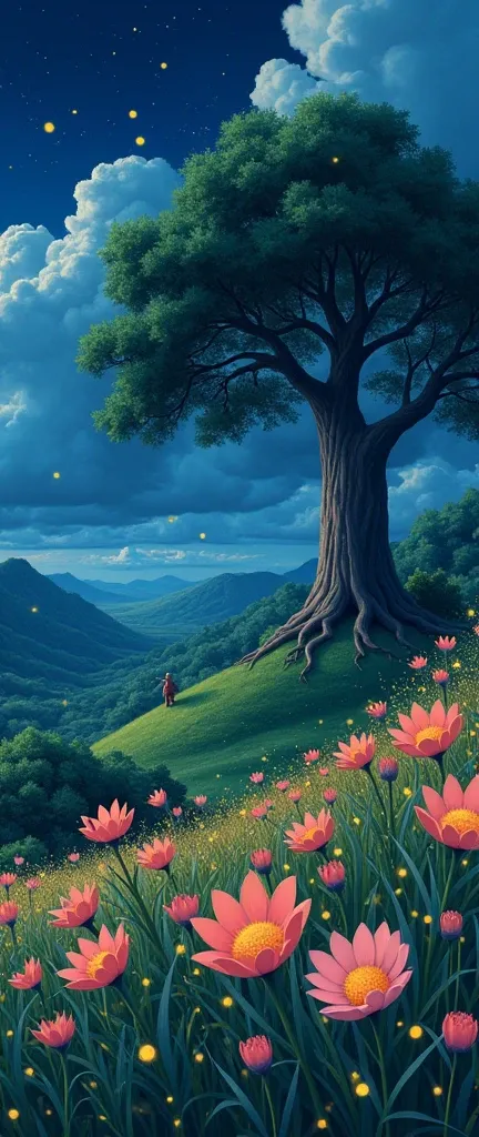 masterpiece!!!! 8k There are huge flowers,    ESTELO ANIME GHIBLI!!!!! The image shows a serene night scene of a Field of Flowers!!!!                       on the Hill, big tree,  majestic clouds billowing blue golden lighting anime 8k l fireflies grass ni...