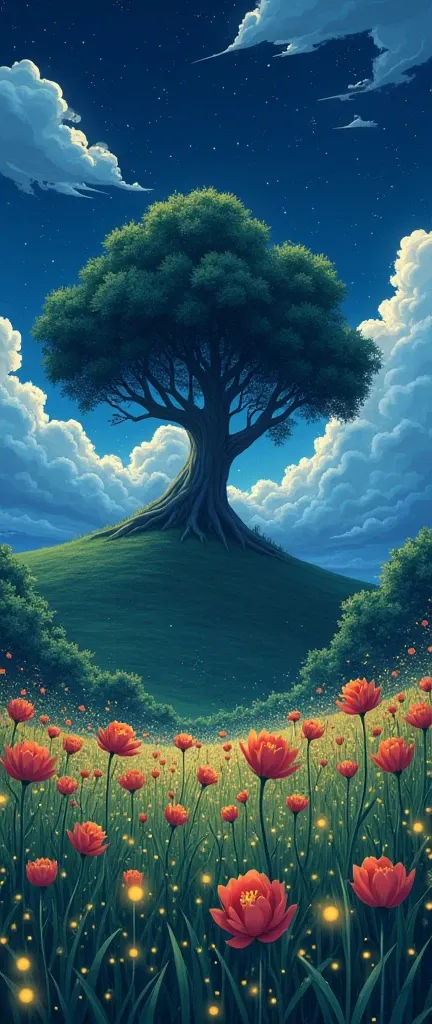 masterpiece!!!! 8k There are huge flowers,    ESTELO ANIME GHIBLI!!!!! The image shows a serene night scene of a Field of Flowers!!!!                       on the Hill, big tree,  majestic clouds billowing blue golden lighting anime 8k l fireflies grass ni...