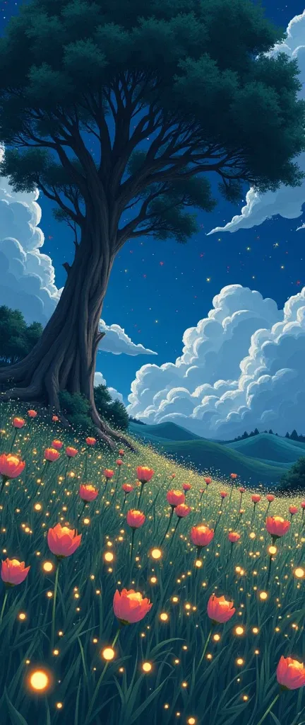 masterpiece!!!! 8k There are huge flowers,    ESTELO ANIME GHIBLI!!!!! The image shows a serene night scene of a Field of Flowers!!!!                       on the Hill, big tree,  majestic clouds billowing blue golden lighting anime 8k l fireflies grass ni...