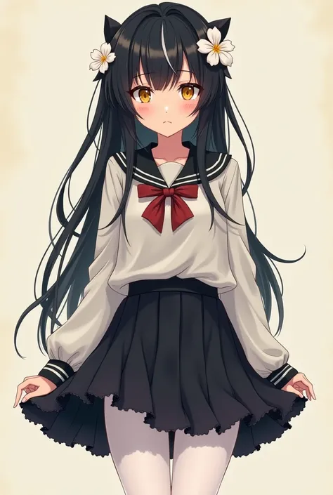 Anime girl, tan skin, yellow eyes, long black hair, white highlights, nerdy girl, gamer, full body, white pantyhose, frilly black skirt, flower hair accessories, sad