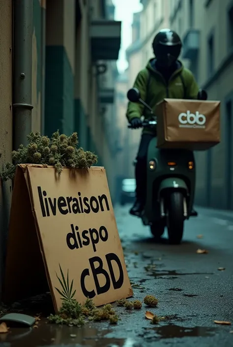 Plaquette écrit " livraison dispo" "CBD" avec des fleurs de cbd dans une ruelle sombre, en arrières plan un homme casque moto noir, smoking vert,  sac uber weed, scooter, version urban street