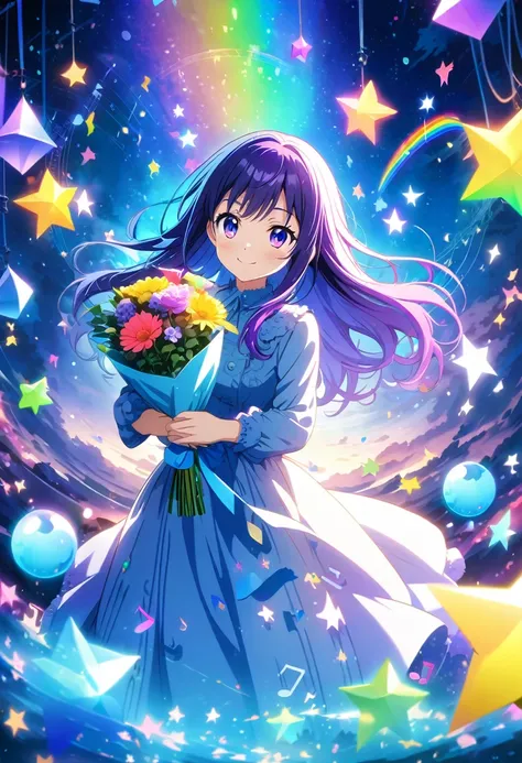 Anime style, ultra-detailed, 8K CG, violet-haired girl, smile, blue world, mysterious blue objects floating, star, musical note, rainbow, (holding a bouquet:1.4)