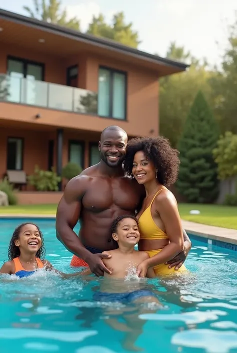 generate a photo of a black man with his beautiful half cast family of wife and brown kids swimming at their pool at the backyard of their home big two house 
