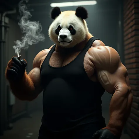 "A hyper-realistic image of a muscular panda wearing a tight black tank top, holding a lit cigarette in one paw while exhaling a thick cloud of smoke. The pandas expression is stern and intense, giving off a tough, intimidating vibe. The background is a di...