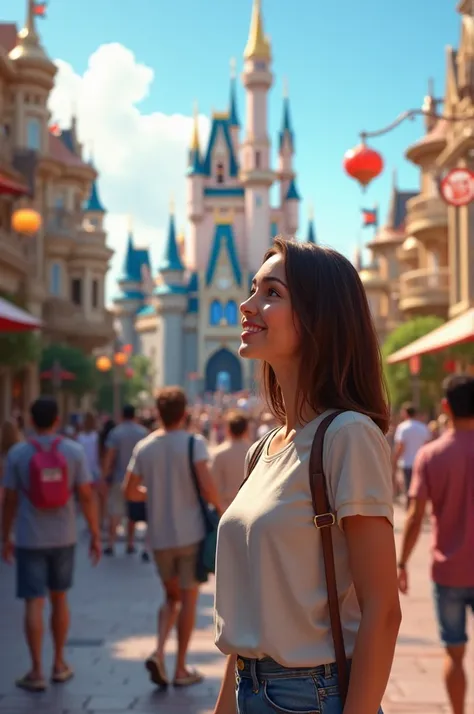 A straight-haired woman visiting Disney 