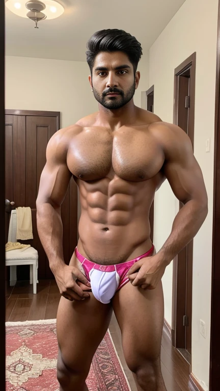 Indian gurjar ARJUN gay man doing brush at front of mirror in underwear, standing in home with spread legs, huge bulge