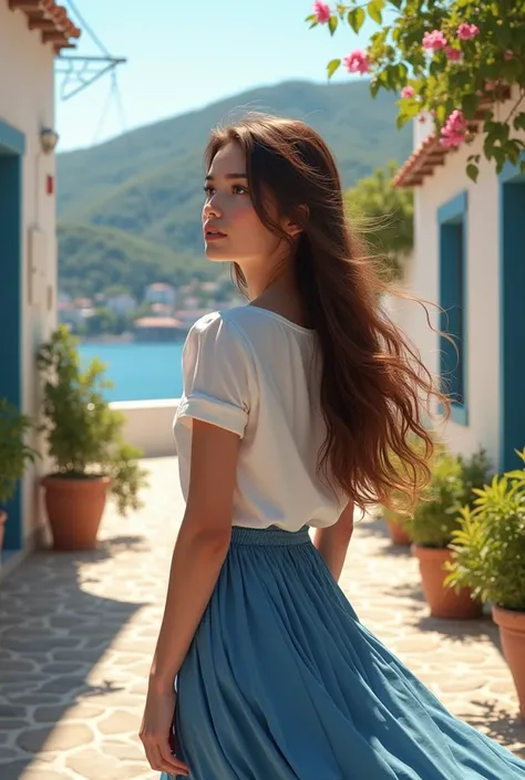 One with brown hair and brown eyes in a blue skirt and white blouse in Greece from behind