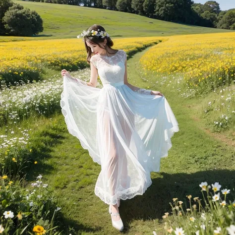 White long skirt,In a wild flower field，Transparent lace dress, Get excited,  rotate, one person&#39;s, laughing out loud, Light brown hair, Blunt bangs, Hair behind the ear, Shoulder-length hair, Long Hair, Delicate lips, Beautiful Eyes, eyes are light br...