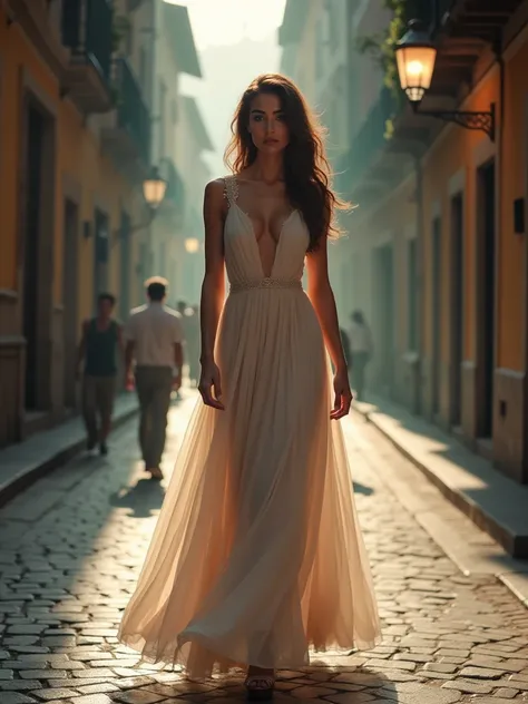 italian model, 30 years, wearing a dreamdress, walking in heels frontal to the camera on a photoshooting, italian city area, atmoshperic light, 