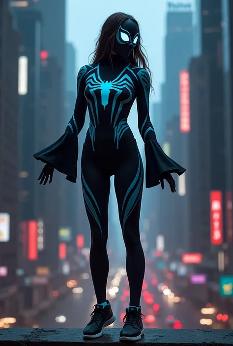 Create a spiderwoman suit that has black and cyan highlights that also have  bell prive sleeves. She is wearing the black and white jordans and her mask can be different